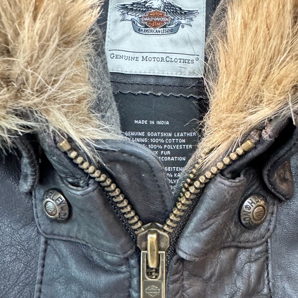 Harley-Davidson Women’s Brown Gray Goatskin Leather Jacket Fur Trim Hood Medium - Picture 14 of 16